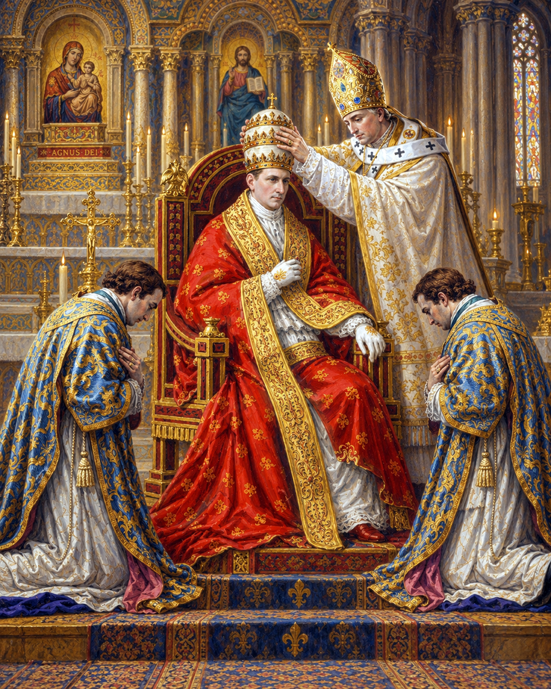 The papal tiara being imposed upon the Supreme Pontiff