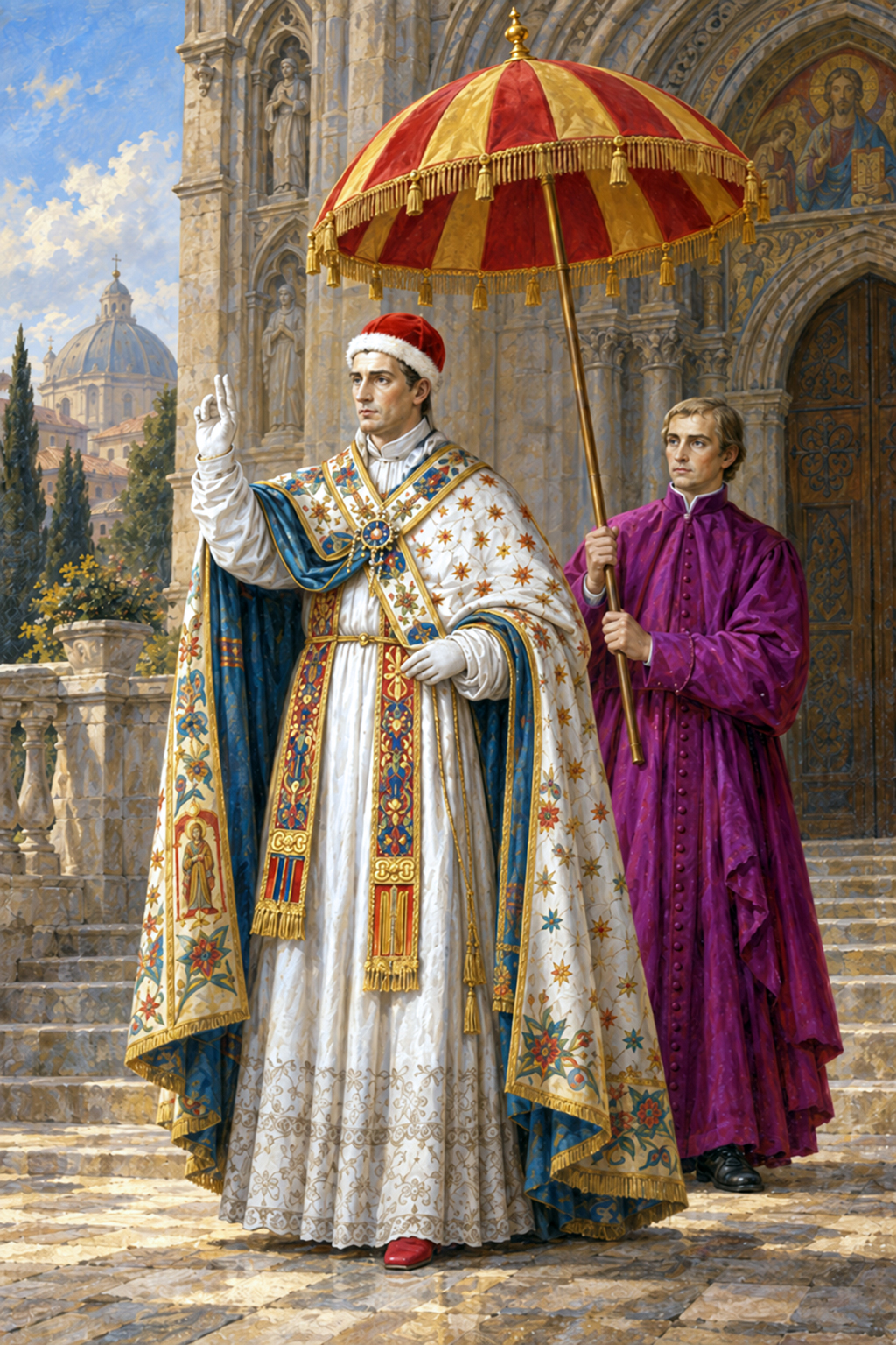 The Supreme Pontiff arriving beneath the ombrellino in camauro and mantum