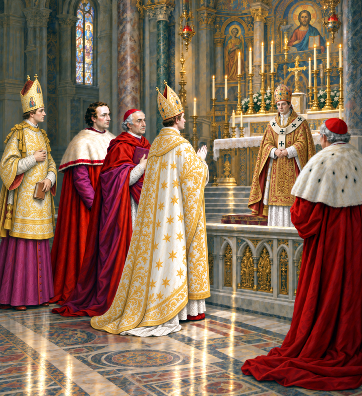 The Supreme Pontiff standing outside the chancel rail before the senior prelate
