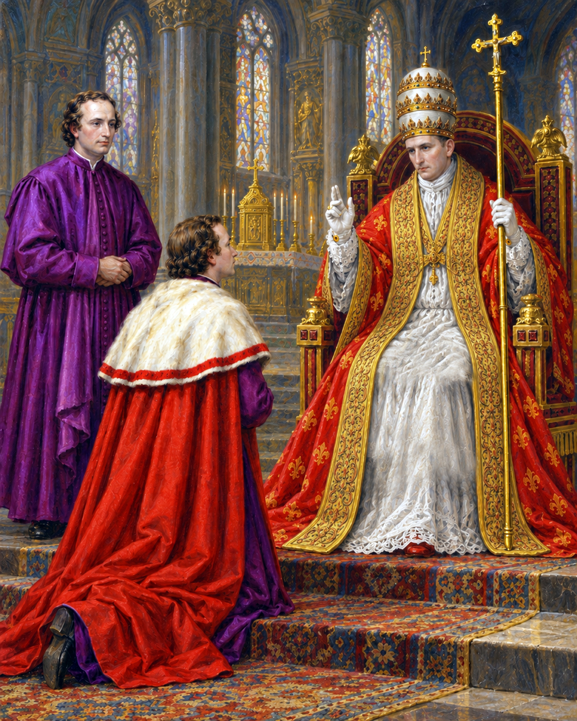 A prelate making reverence before the newly crowned Supreme Pontiff