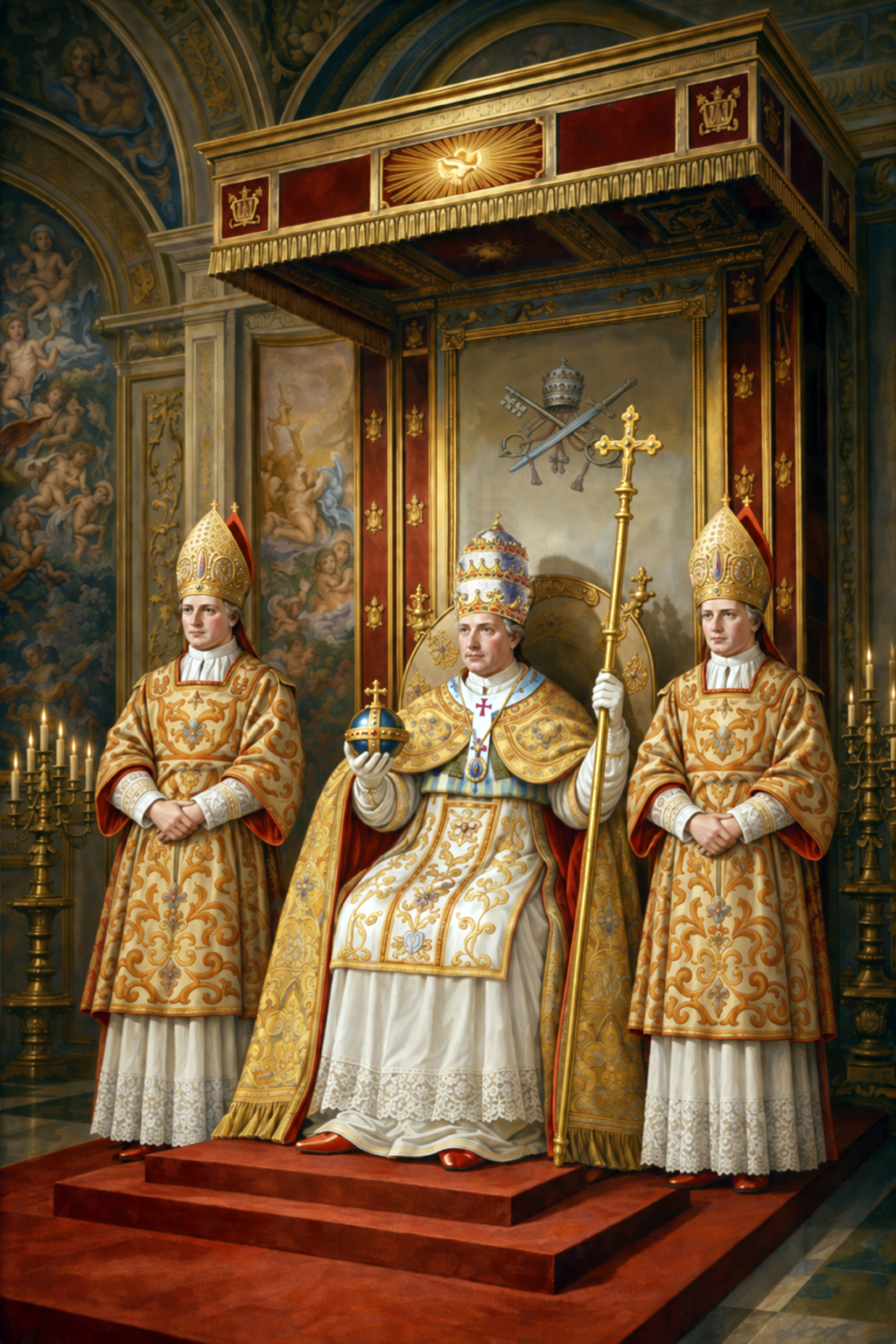 The crowned Supreme Pontiff enthroned with ferula and orb for the Te Deum