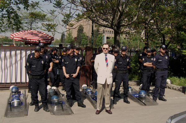 Pope Radislav with Turkish riot police at Ankara University