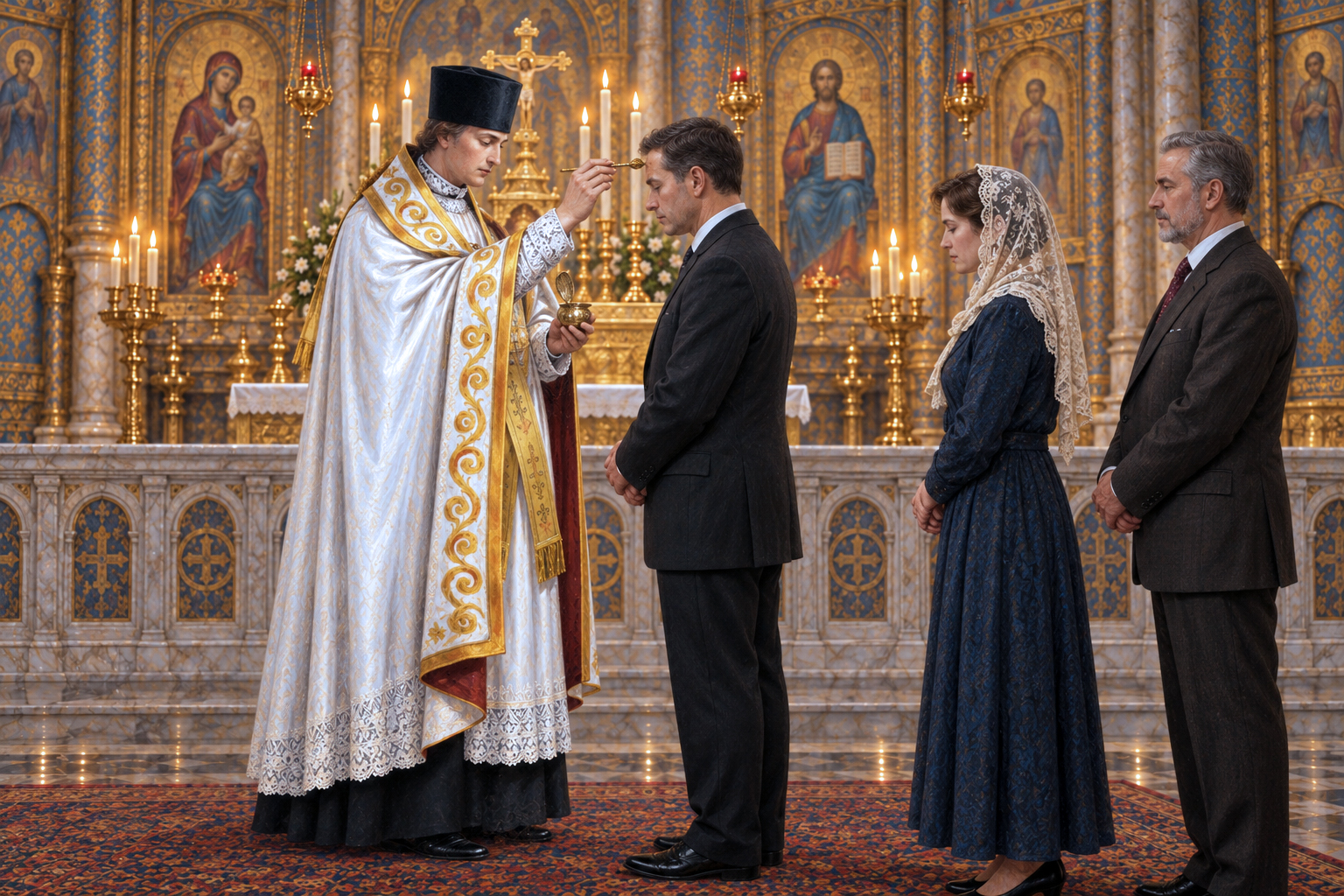 Priest anointing a member of the faithful in the nave