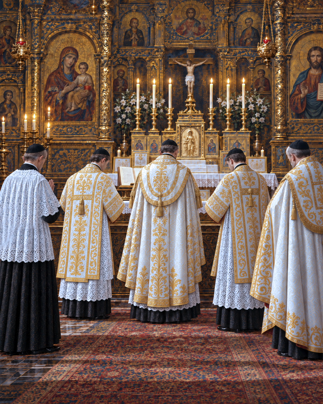 Priest, Deacon and Sub-Deacon approaching the altar