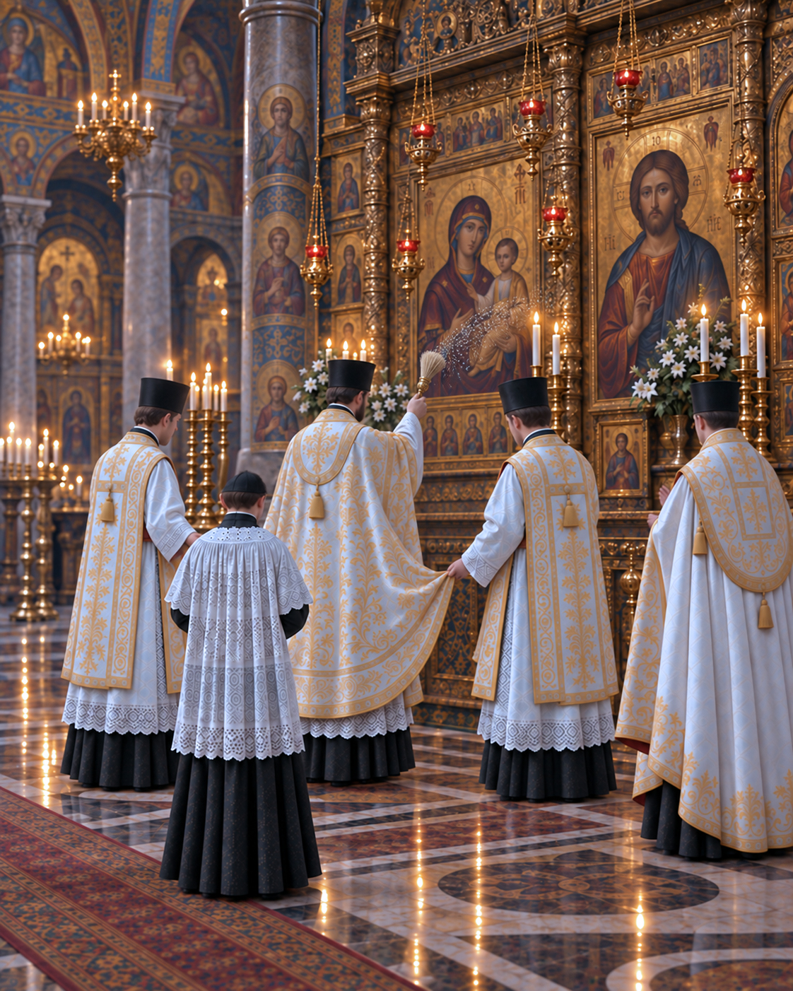 Priest and ministers performing the Asperges in an ornate church