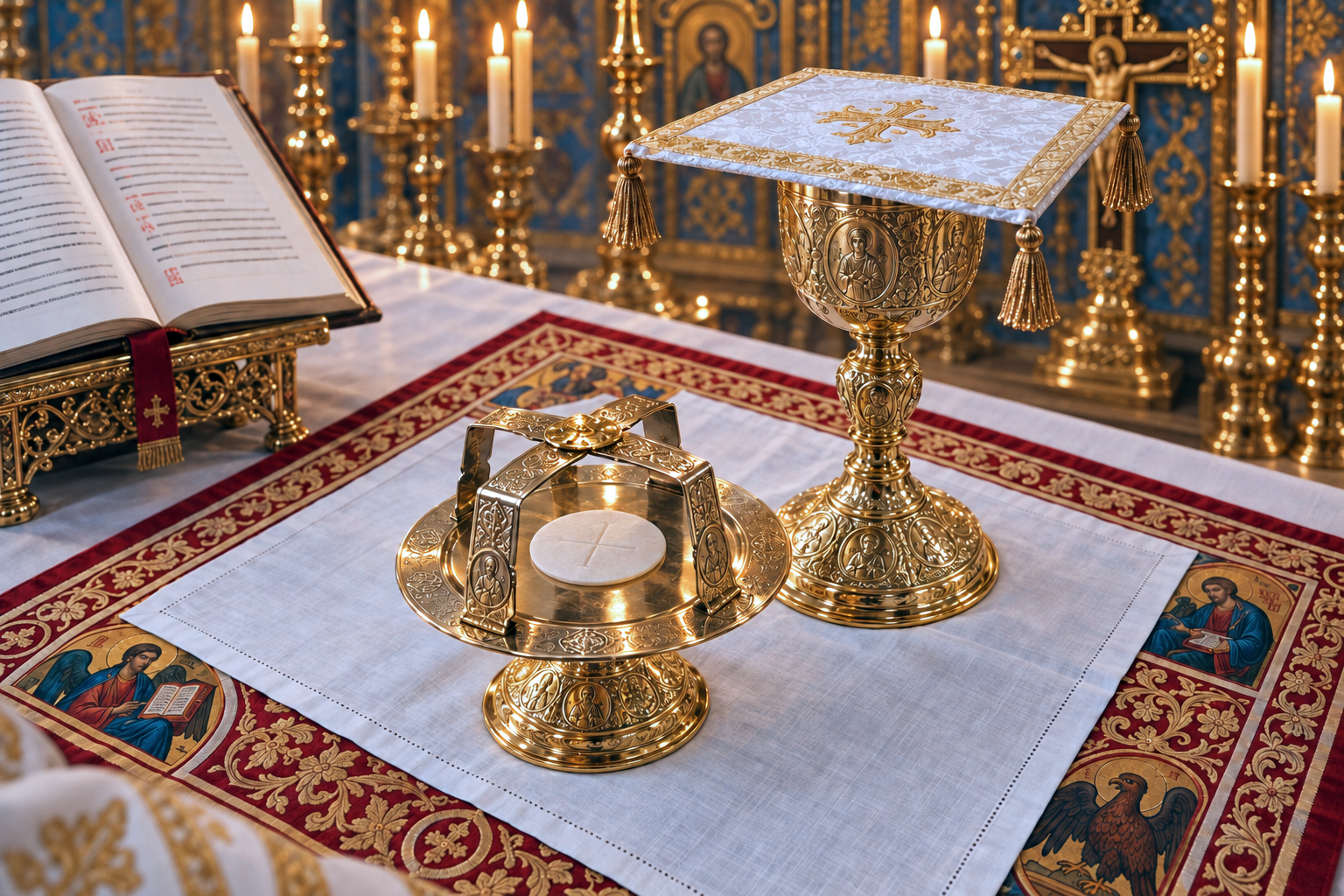 Byzantine chalice, paten, asterisk and altar linens