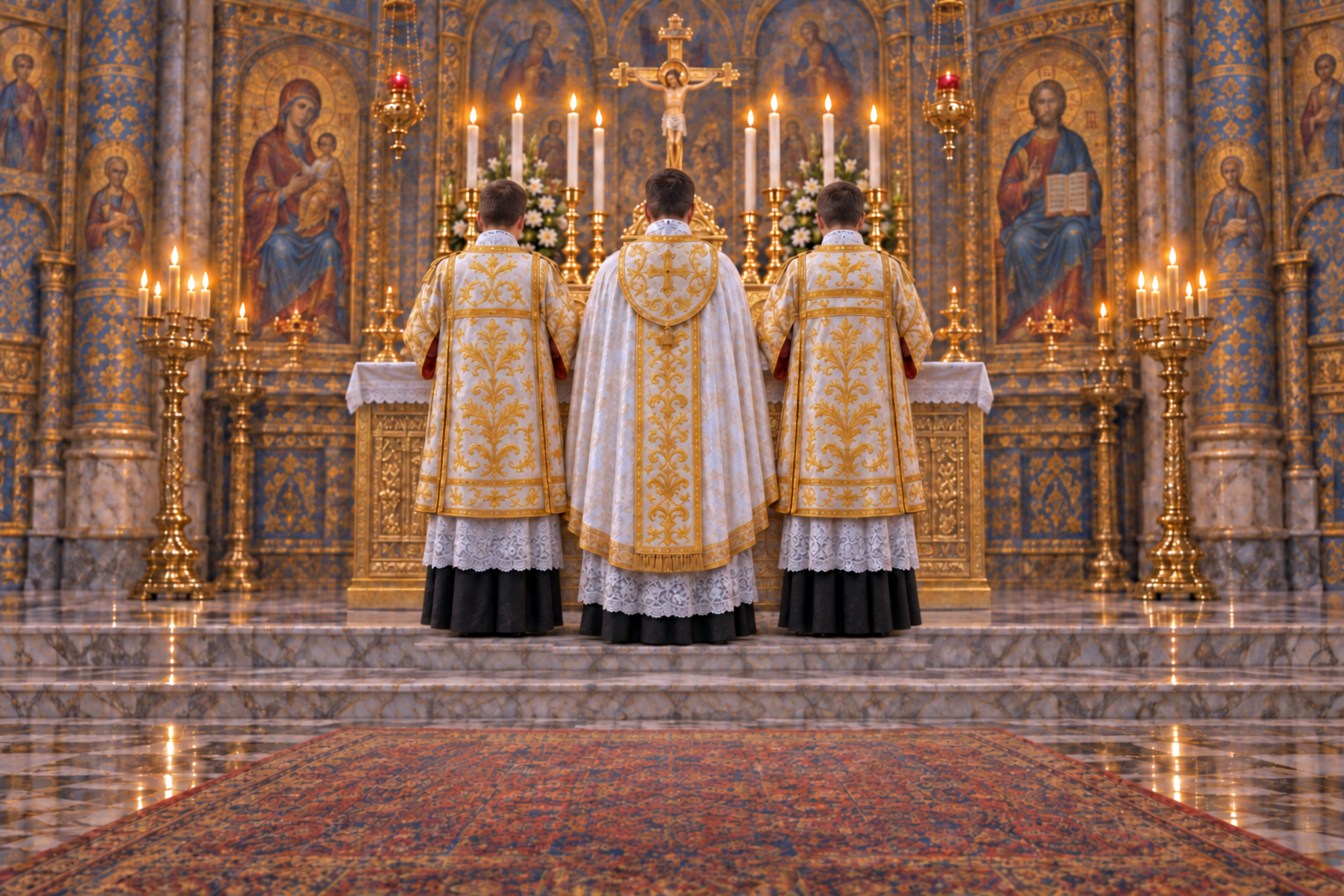 Priest holding the chalice while the Deacon and server present the cruets