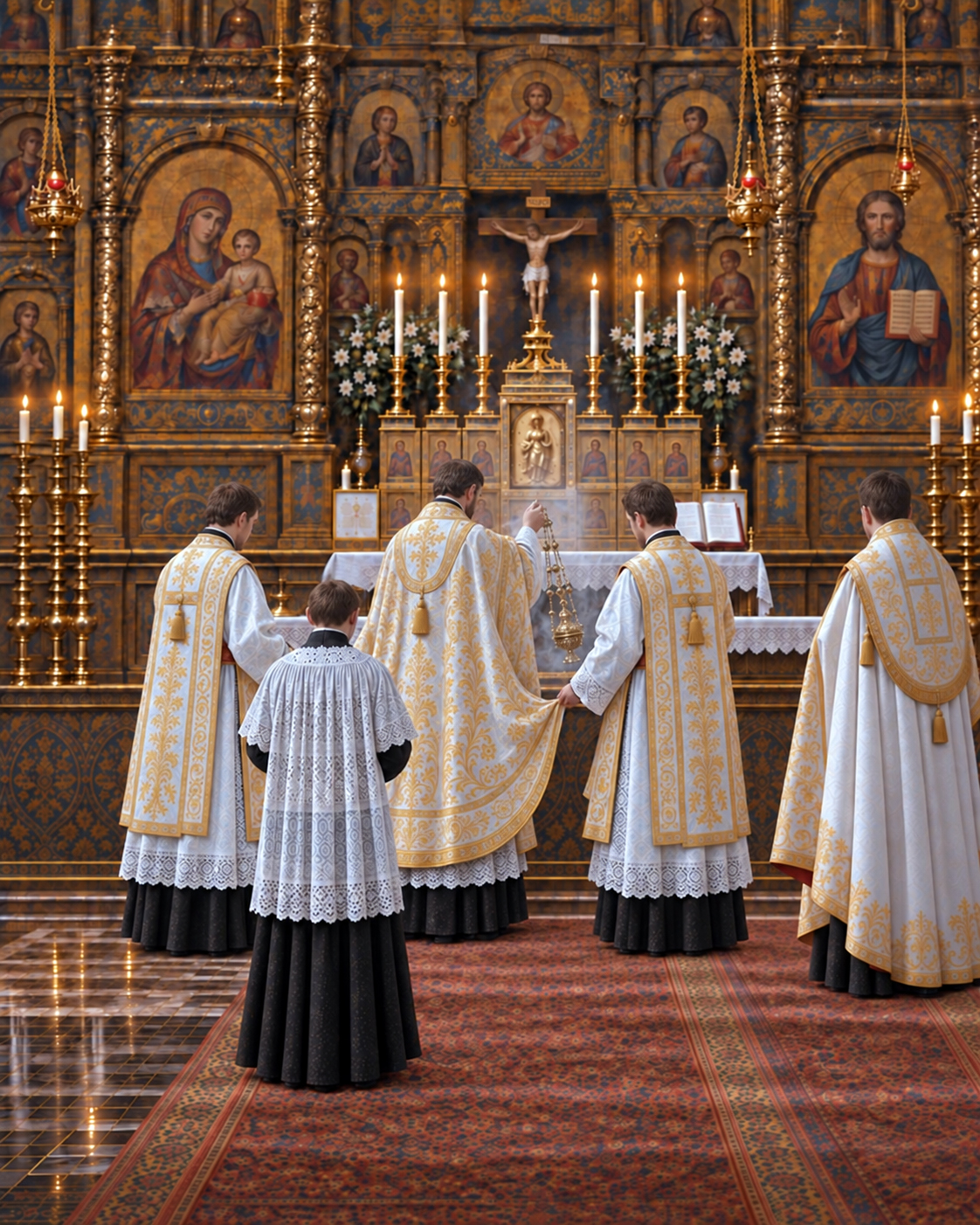 Bareheaded priest and ministers censing the Holy Gifts at the altar