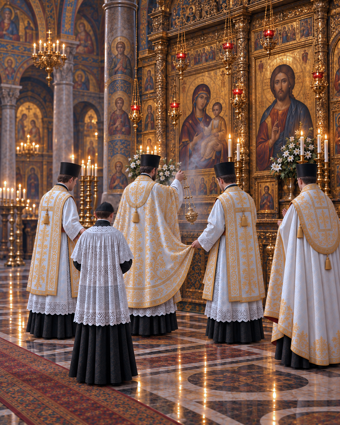 Priest and ministers censing the icons in the church