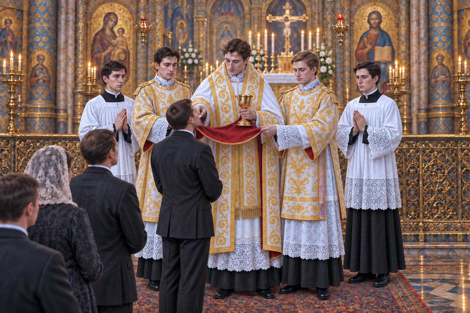 Priest, Deacon and Sub-Deacon administering Holy Communion