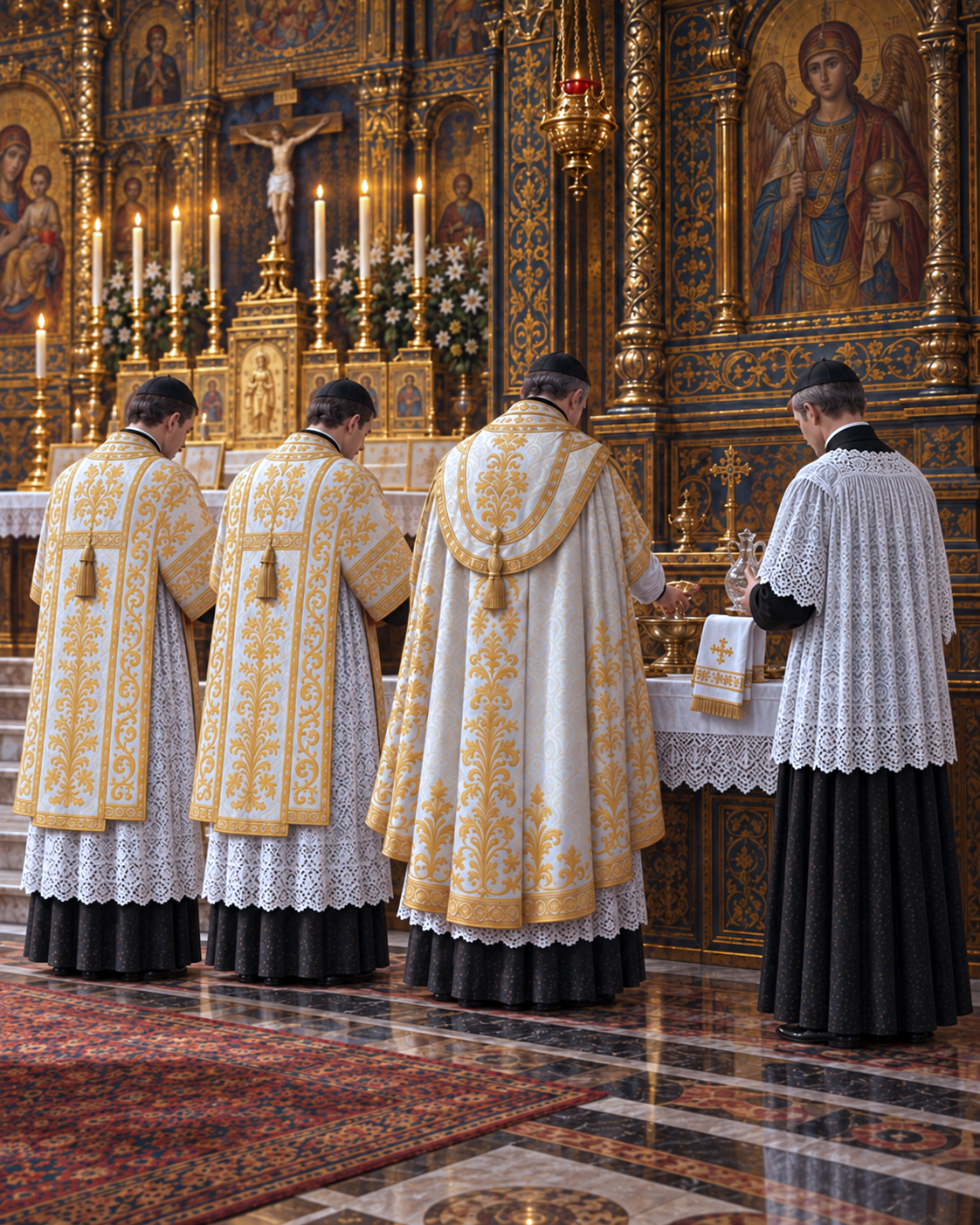 The clergy performing the lavabo at the credence table