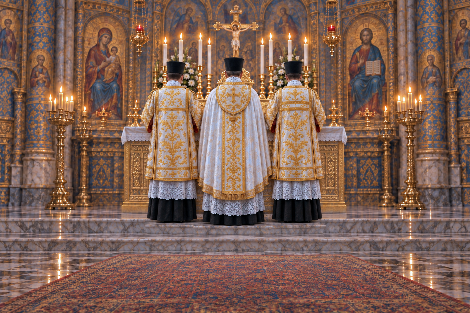 Priest, Deacon and Sub-Deacon standing at the altar