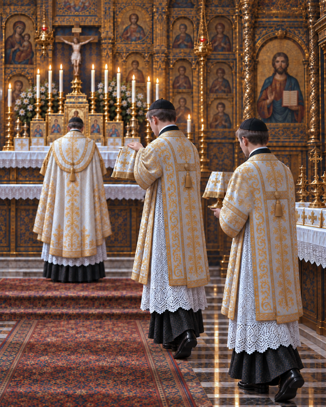 Deacon and Sub-Deacon carrying the veiled sacred vessels to the altar