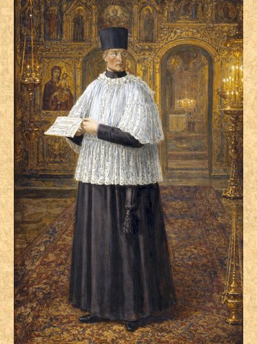 Cleric in cassock, surplice and kamilavka