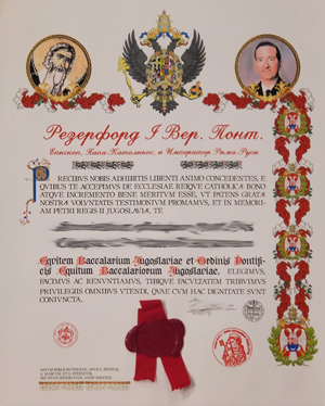 Brevet of Knight Bachelor of Yugoslavia